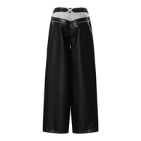 Niche Contrast Color Jeans Women Winter Thick Loose Retro Washed Stitching Contrast Color Leather Wide Leg Pants - Modestly Vogue 