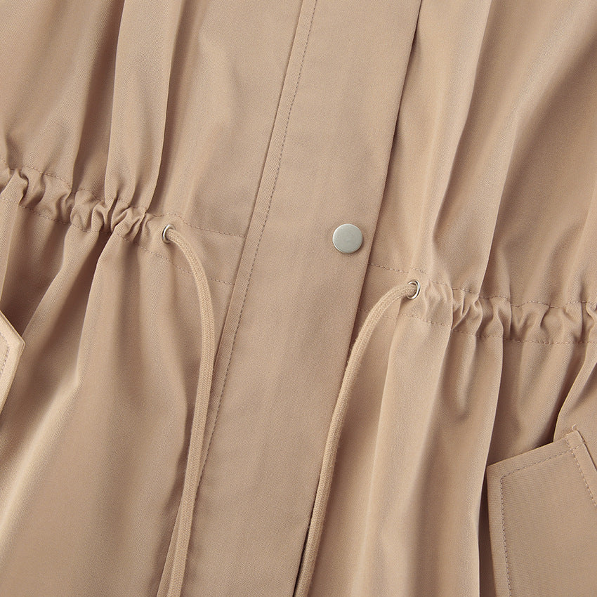 Women Mid Length Drawstring Trench Coat Casual Loose Fit - Modestly Vogue 