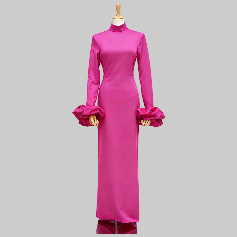 Pink High Neck Collar Cuff Large Floral Maxi Formal Dress - Modestly Vogue 