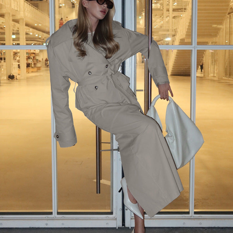 Polo Collar Long Sleeve Trench Coat & Skirt Set