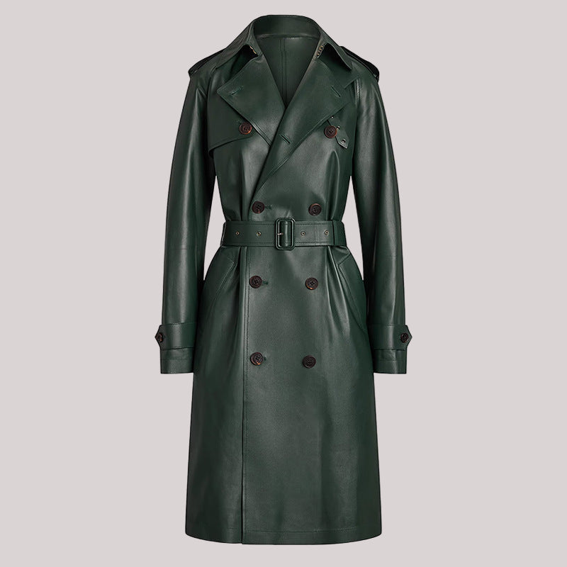 Double Breasted Belted Mid-Length Leather Trench Coat - Modestly Vogue 
