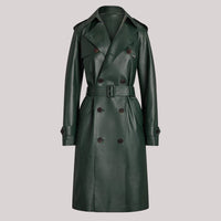 Double Breasted Belted Mid-Length Leather Trench Coat - Modestly Vogue 
