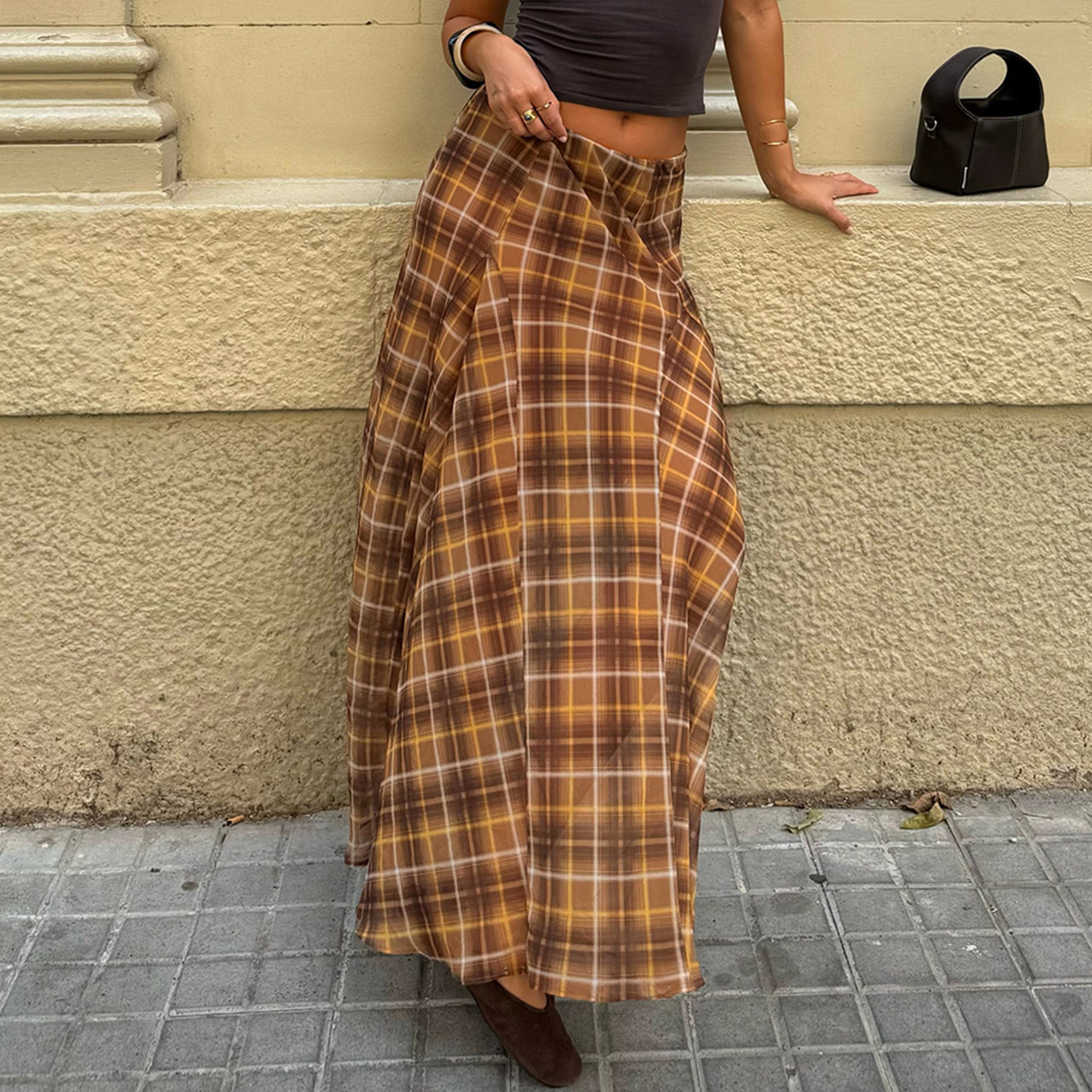 Retro Patchwork Plaid A line Long Skirt