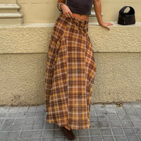 Retro Patchwork Plaid A line Long Skirt