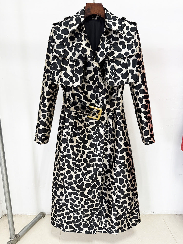 Belt Leopard Jacquard Long Trench Coat | Statement Outerwear - Modestly Vogue 