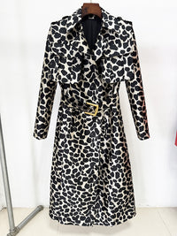 Belt Leopard Jacquard Long Trench Coat | Statement Outerwear - Modestly Vogue 
