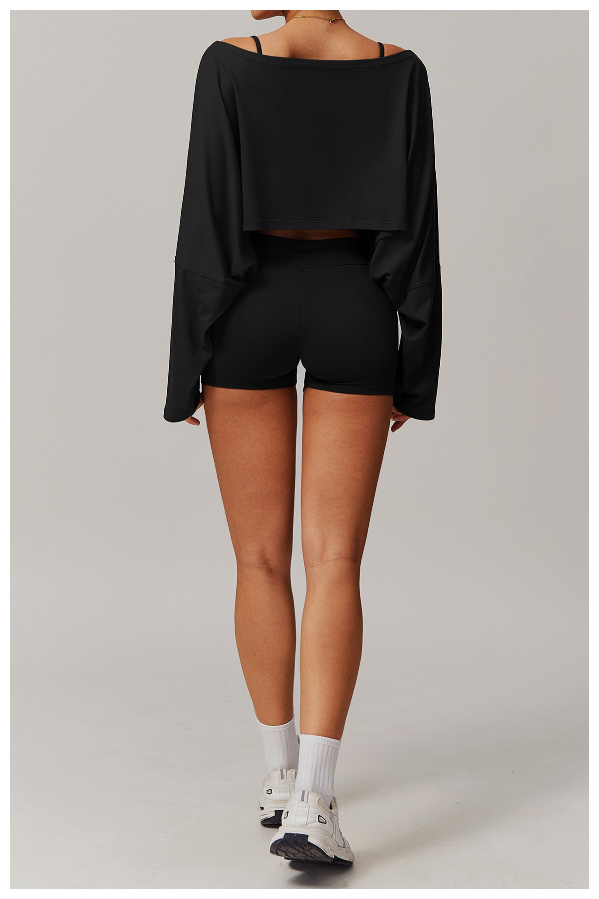 Off Shoulder Cropped Batwing Sleeve Long Sleeve Yoga Top - Modestly Vogue 