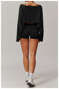 Off Shoulder Cropped Batwing Sleeve Long Sleeve Yoga Top - Modestly Vogue 