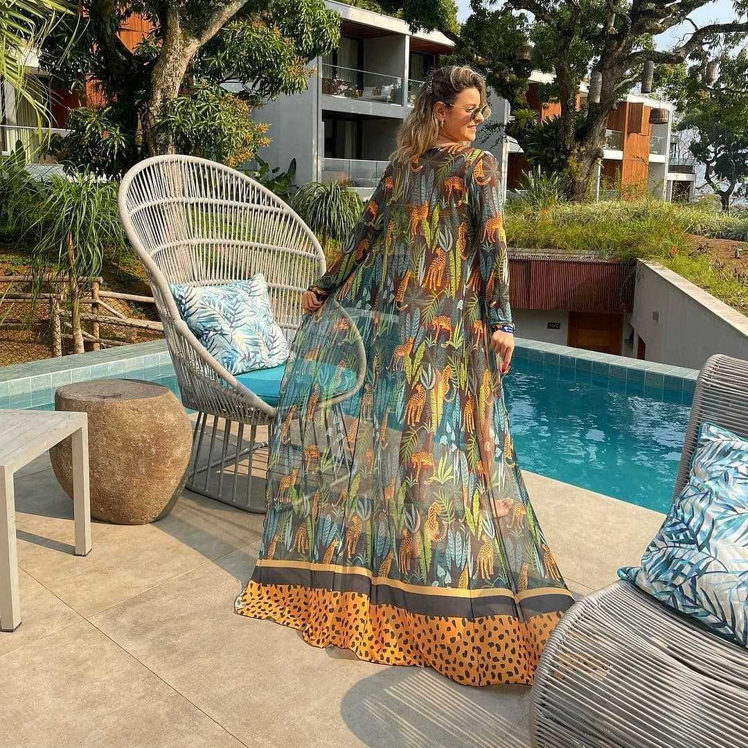 Stretch Mesh Long Sleeve Beach Cover Up Leopard Print Veils Beach Swimsuit Cardigan Long - Modestly Vogue 