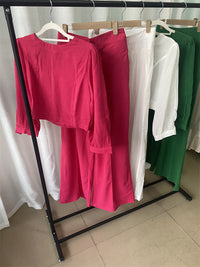 Women Clothing Short Long-Sleeved Top High Waist Wide Leg Pants Two Piece Set - Modestly Vogue 