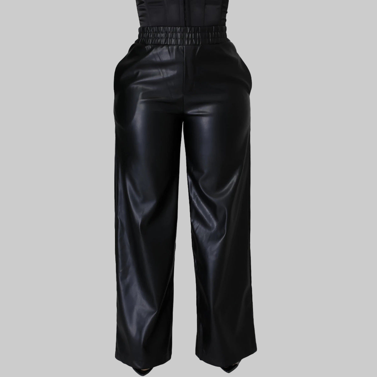 Women Clothing Solid Color Loose Wide Leg Pocket Faux Leather Pants - Modestly Vogue 