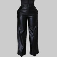 Women Clothing Solid Color Loose Wide Leg Pocket Faux Leather Pants - Modestly Vogue 