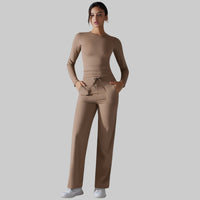 Nude Feel Skin Long Sleeve Yoga Workout Clothes Pocket Running Sports Drawstring Wide Leg Pants Sets - Modestly Vogue 
