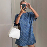 Blue Denim Straight Short Sleeve Casual Dress - Modestly Vogue 