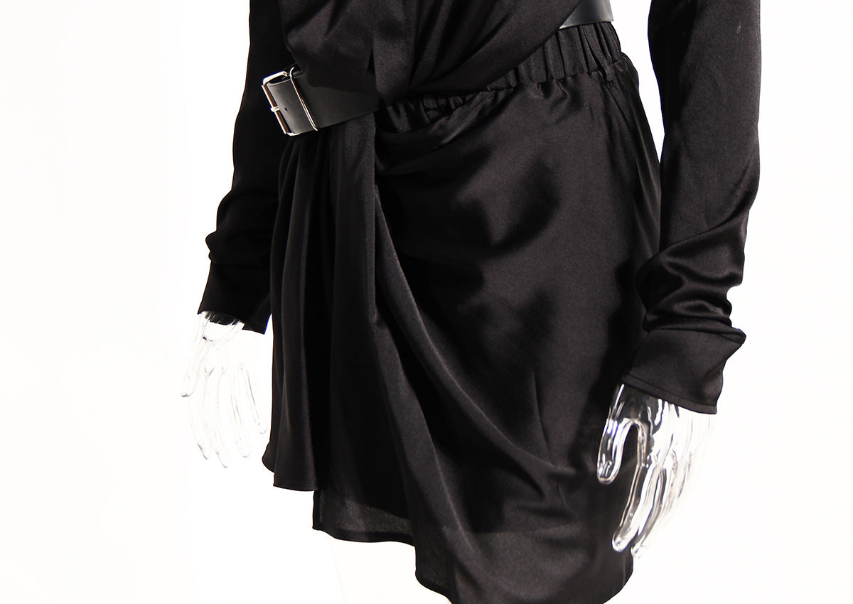 Dark Asymmetric Ruched Two Piece Outfit – Cropped Fall Set - Modestly Vogue 