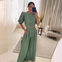 Summer Striped Half Sleeve Top Trousers Suit Women Clothing - Modestly Vogue 