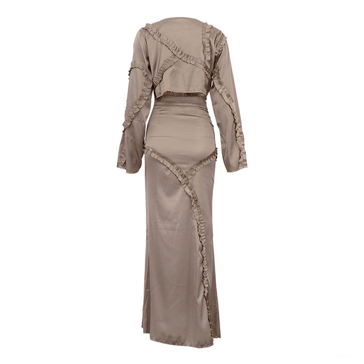 Graceful Women’s Irregular Asymmetric Ruffled Top & Skirt Set