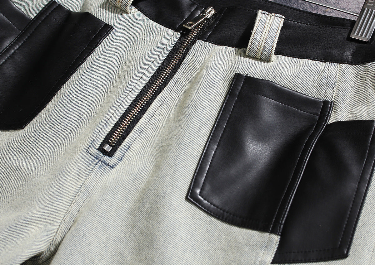 Niche Contrast Color Jeans Women Winter Thick Loose Retro Washed Stitching Contrast Color Leather Wide Leg Pants - Modestly Vogue 