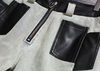 Niche Contrast Color Jeans Women Winter Thick Loose Retro Washed Stitching Contrast Color Leather Wide Leg Pants - Modestly Vogue 