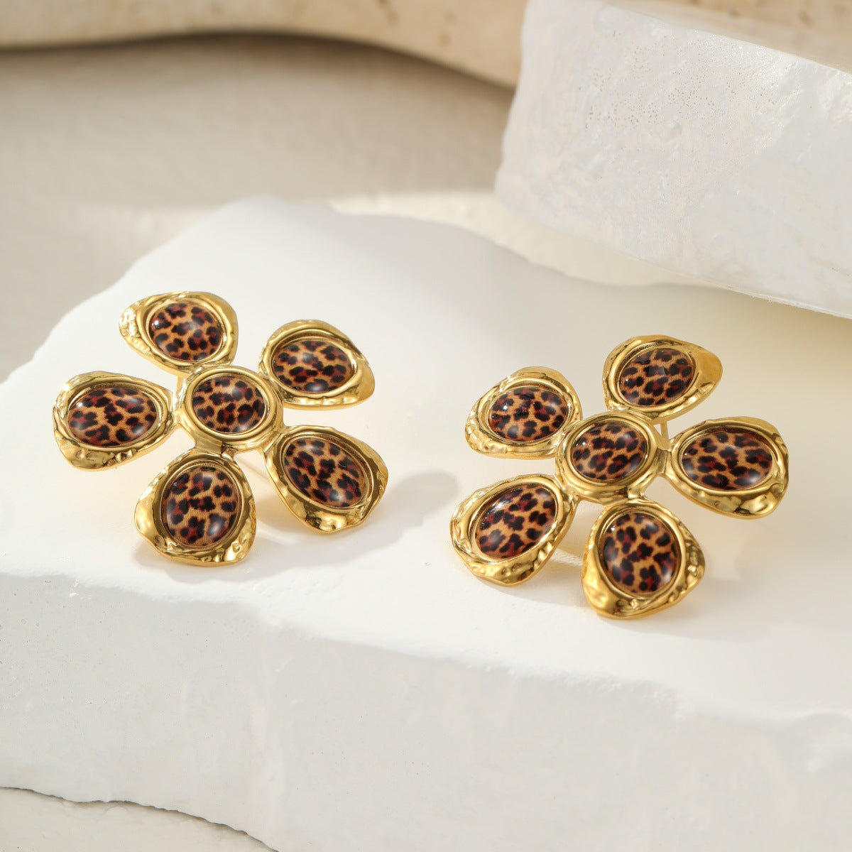 Trendy Leopard Print Design Floral Stainless Steel Studs Affordable Luxury Earrings