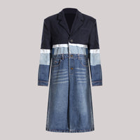Blue Niche Design Denim Trench Coat for Women Autumn Winter Contrast Color Splicing Coat Women Mid Length Petite Coats Tide - Modestly Vogue 