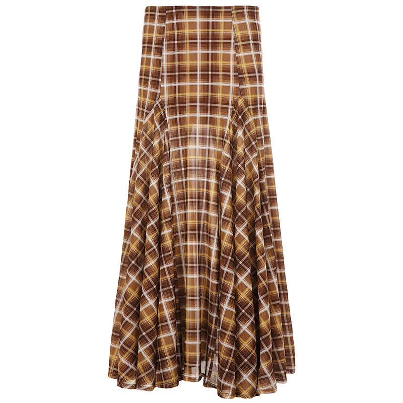 Retro Patchwork Plaid A line Long Skirt