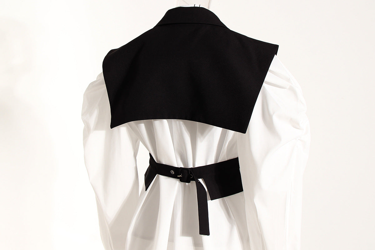 Black Elegant Outfit Slimming Puff Sleeve White Shirt Waist Trimming Lace up Two Piece Vest Set