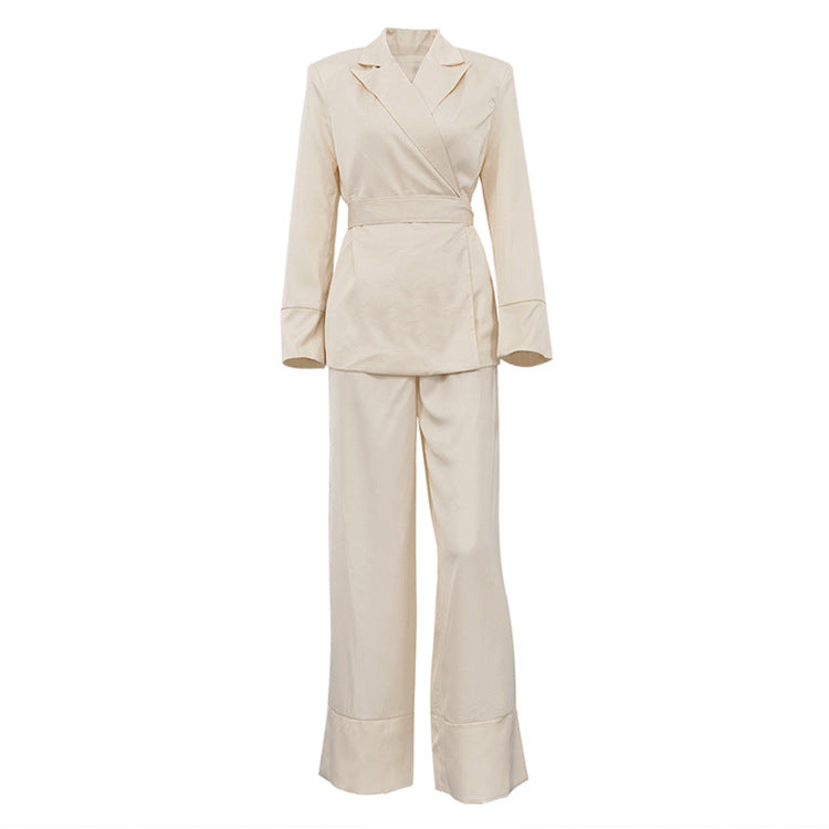High Grade Satin Office Suit Women Elegant V neck Long Sleeve Tied Top Loose Wide Leg Pants Two Piece Set - Modestly Vogue 