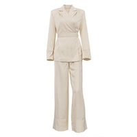 High Grade Satin Office Suit Women Elegant V neck Long Sleeve Tied Top Loose Wide Leg Pants Two Piece Set - Modestly Vogue 