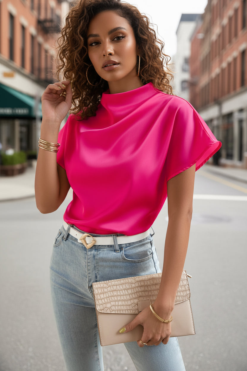 Women’s Pleated Satin Top – Round Neck Short Sleeve Blouse - Modestly Vogue 