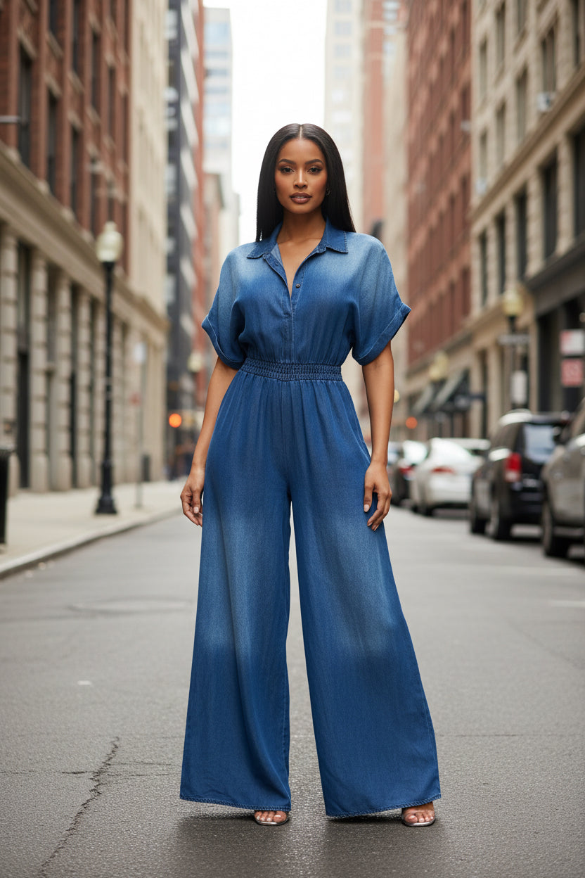 Polo Collar Breasted Lace up Short Sleeve Loose Wide Leg Denim Jumpsuit - Modestly Vogue 