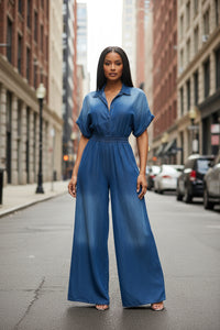 Polo Collar Breasted Lace up Short Sleeve Loose Wide Leg Denim Jumpsuit - Modestly Vogue 