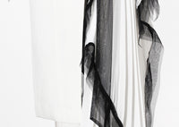 White and Black Asymmetric Pleated Elegant Ruffled Contrast Color Long Blazer Dress - Modestly Vogue 