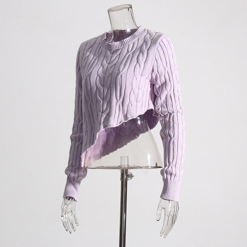 Pastel Idle Niche Irregular Asymmetric Hem Distressed Figure Flattering Short Sweater for Women