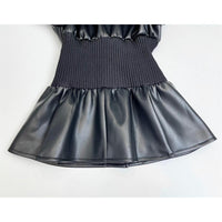 Black  Design Model Faux Leather Jacket Patchwork Knitted Super Tight Waist Contour - Modestly Vogue 