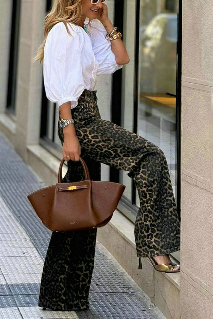 V neck Puff Sleeve White Shirt High Waist Retro Leopard Print Wide Leg Pants Two Piece Sets - Modestly Vogue 