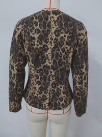 Washed Leopard Print Denim Long Sleeve Top Set for Women