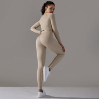 Seamless Knitted Long Sleeve Exercise Workout Pants Quick Drying Jacquard Breathable Hip Lifting Running Yoga Clothes Suit