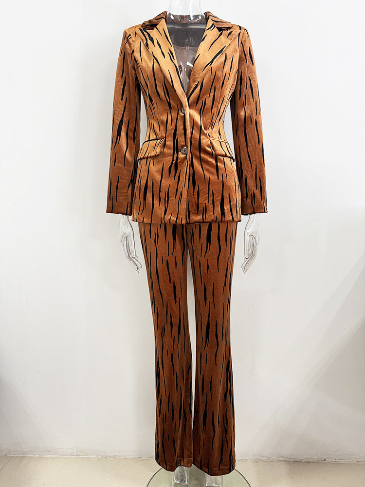 Autumn Winter Tiger Leather Print Blazer Long Sleeved Suit