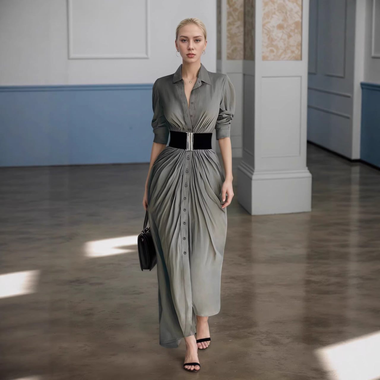 Spring Autumn French Elegant Collared Breasted Shirt Dress with Belt Dress - Modestly Vogue 