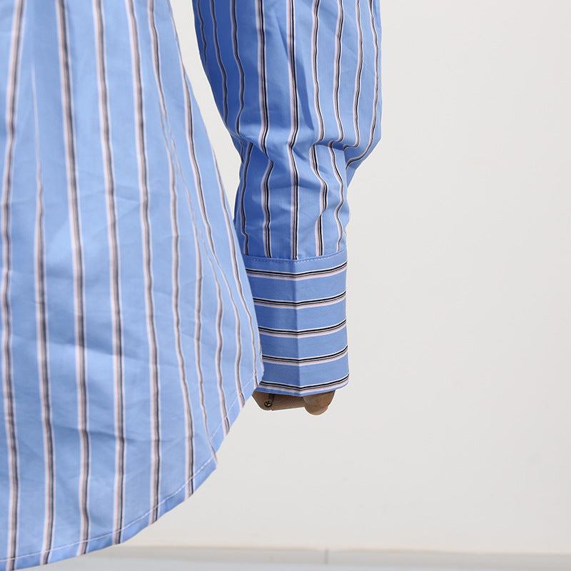 Blue Simple Office Top Women Summer Comfort Faux Two Pieces Casual Striped High Grade Women Shirt - Modestly Vogue 