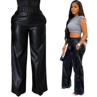 Women Clothing Solid Color Loose Wide Leg Pocket Faux Leather Pants - Modestly Vogue 