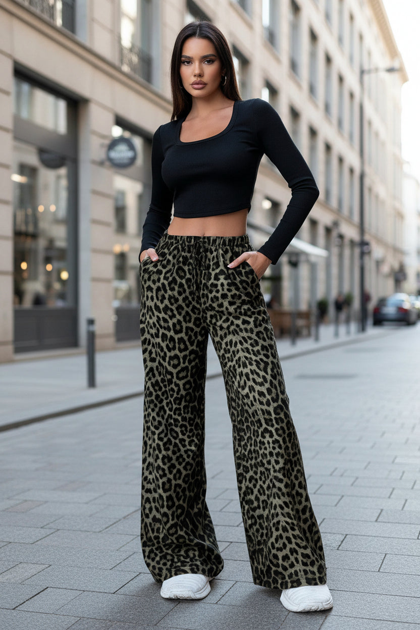 Women’s High Waist Leopard Print Satin Wide Leg Pants - Modestly Vogue 