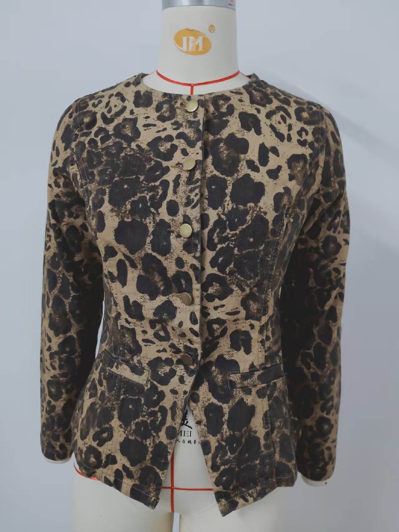 Washed Leopard Print Denim Long Sleeve Top Set for Women