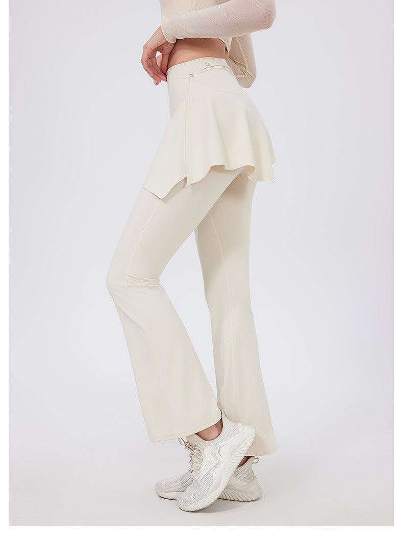 Two-Piece Yoga Set | High-Waist Pleated Bell Bottom Pants And Detachable Skirt - Modestly Vogue 
