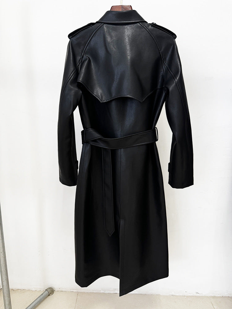 Double Breasted Belted Mid-Length Leather Trench Coat - Modestly Vogue 
