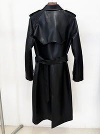 Double Breasted Belted Mid-Length Leather Trench Coat - Modestly Vogue 