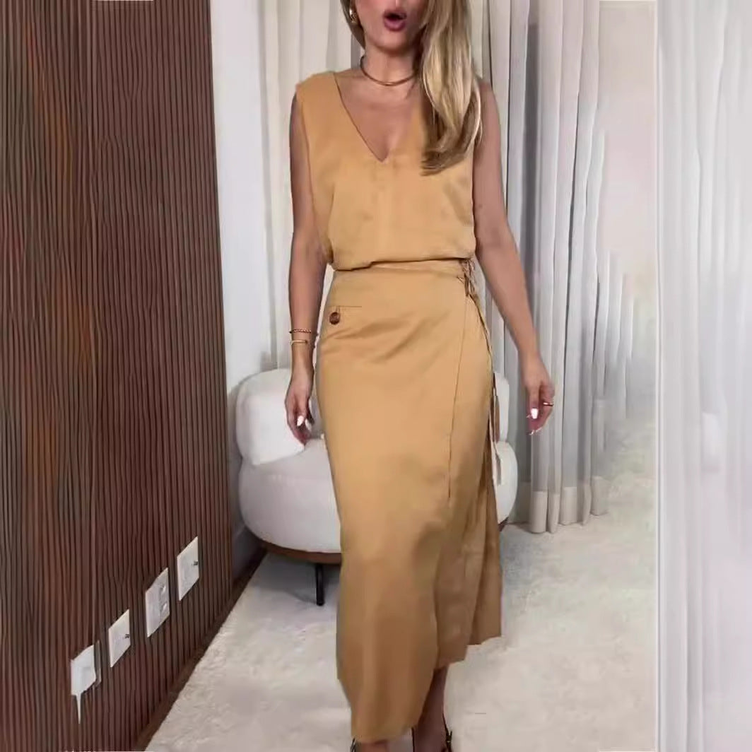 V Neck Sleeveless Irregular Asymmetric Lace Up Slim Dress Faux Two Piece Split Women Clothing - Modestly Vogue 