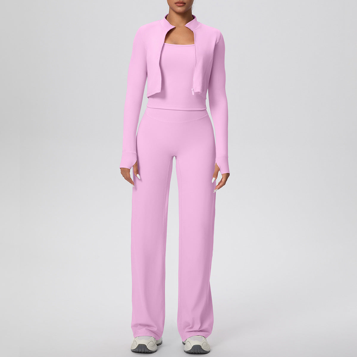 Solid Color Zip Long Sleeve Coat & Yoga Three-Piece Suit