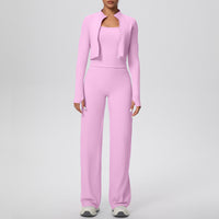 Solid Color Zip Long Sleeve Coat & Yoga Three-Piece Suit